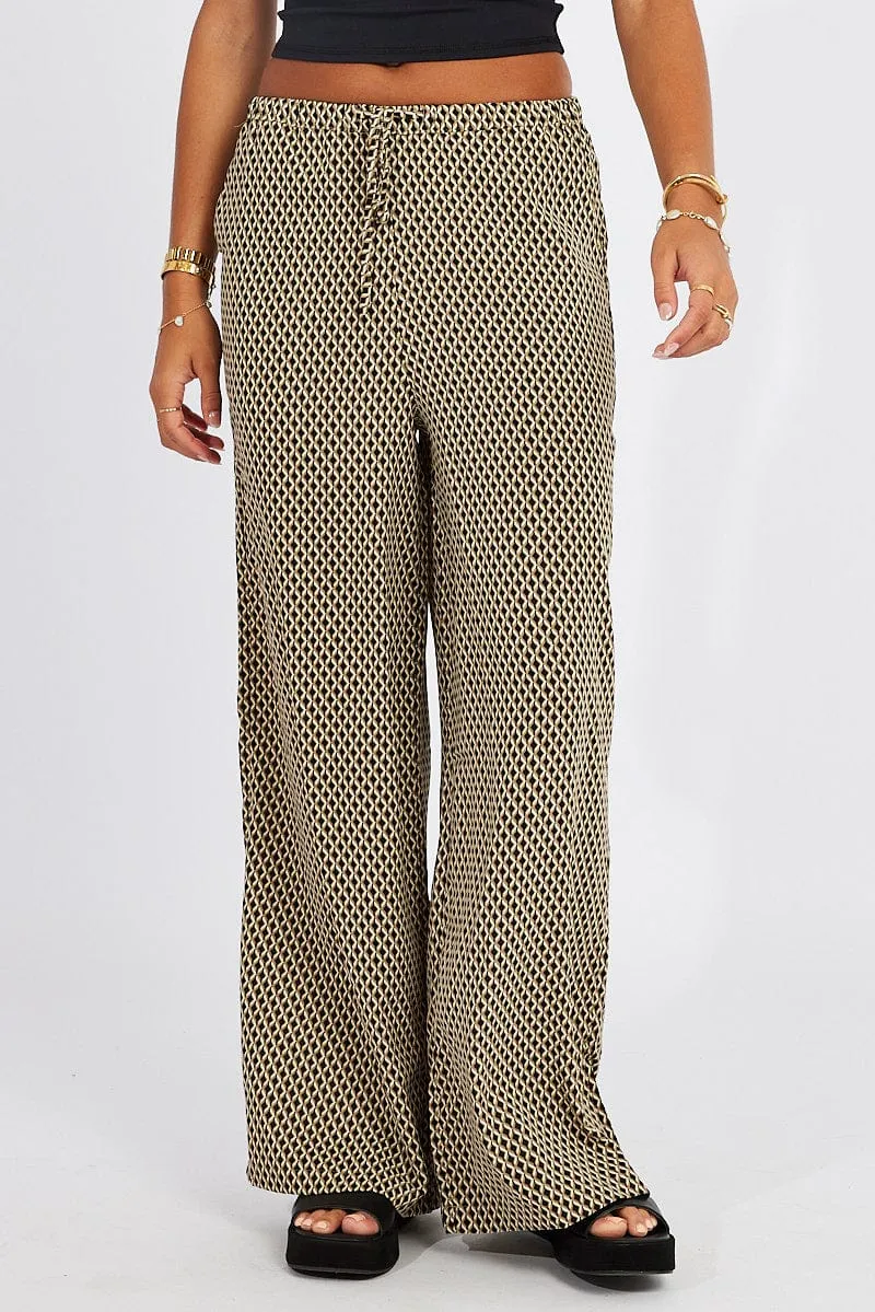 Beige Geo Wide Leg Pants Drawstring Waist