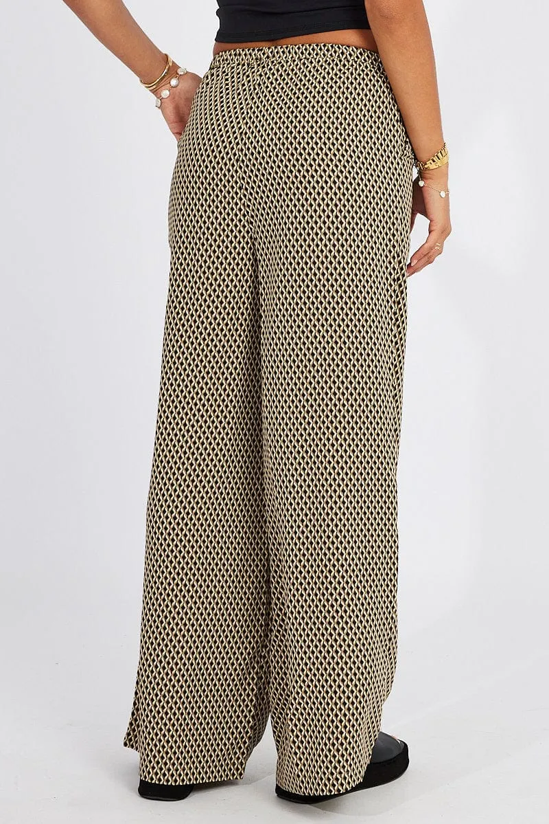 Beige Geo Wide Leg Pants Drawstring Waist