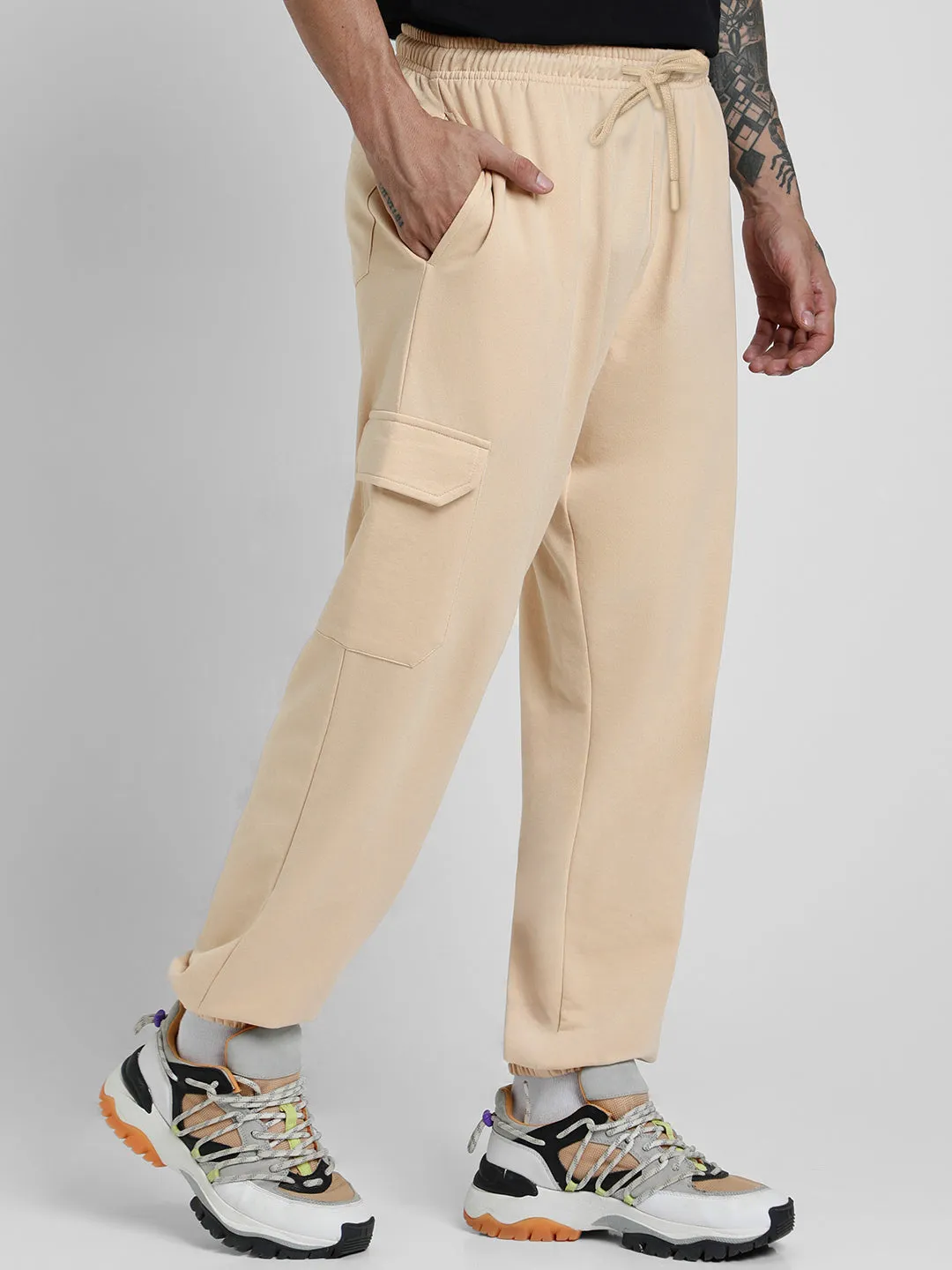 Beige Solid Baggy Fit Cargo Pants