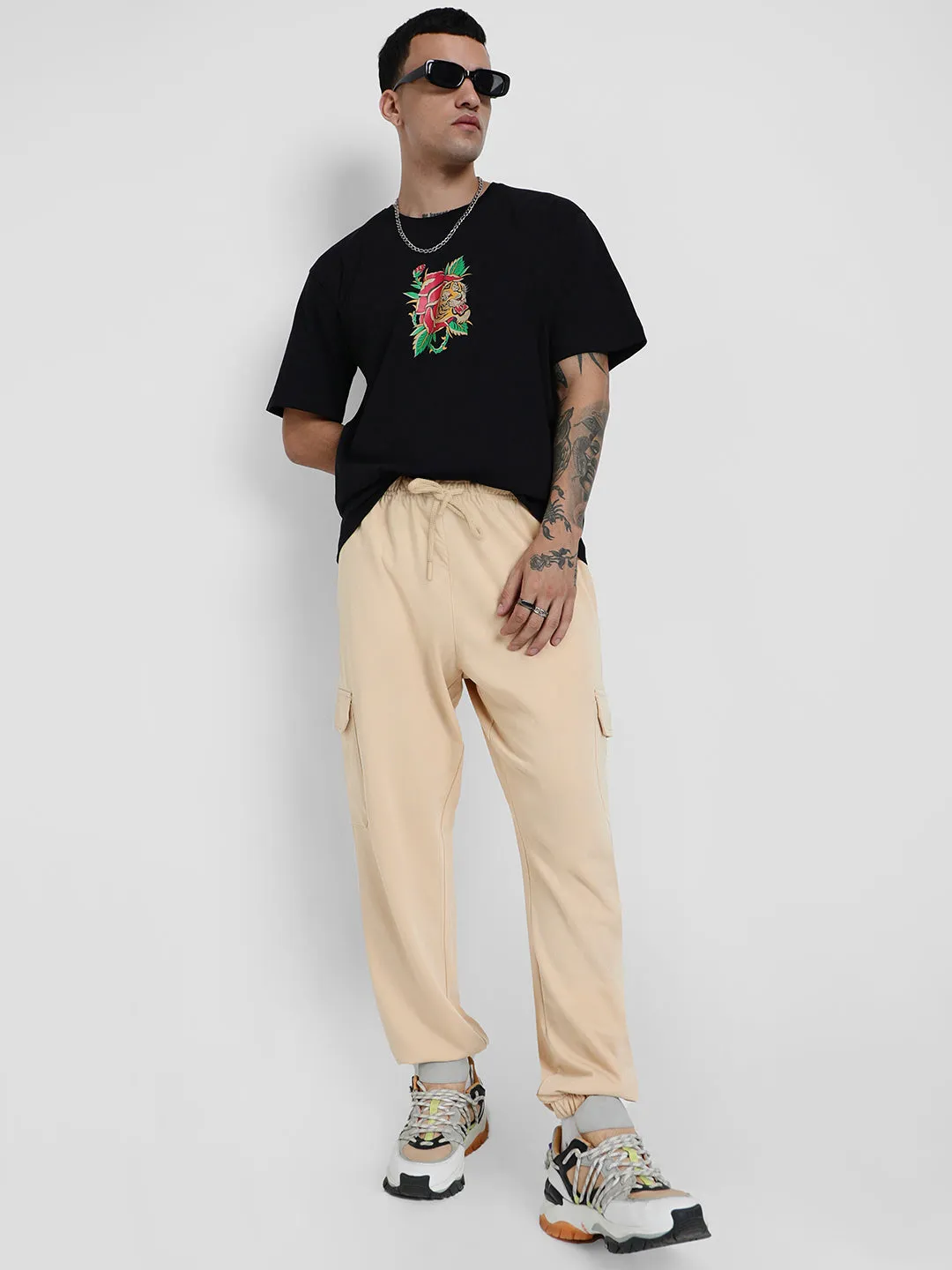 Beige Solid Baggy Fit Cargo Pants