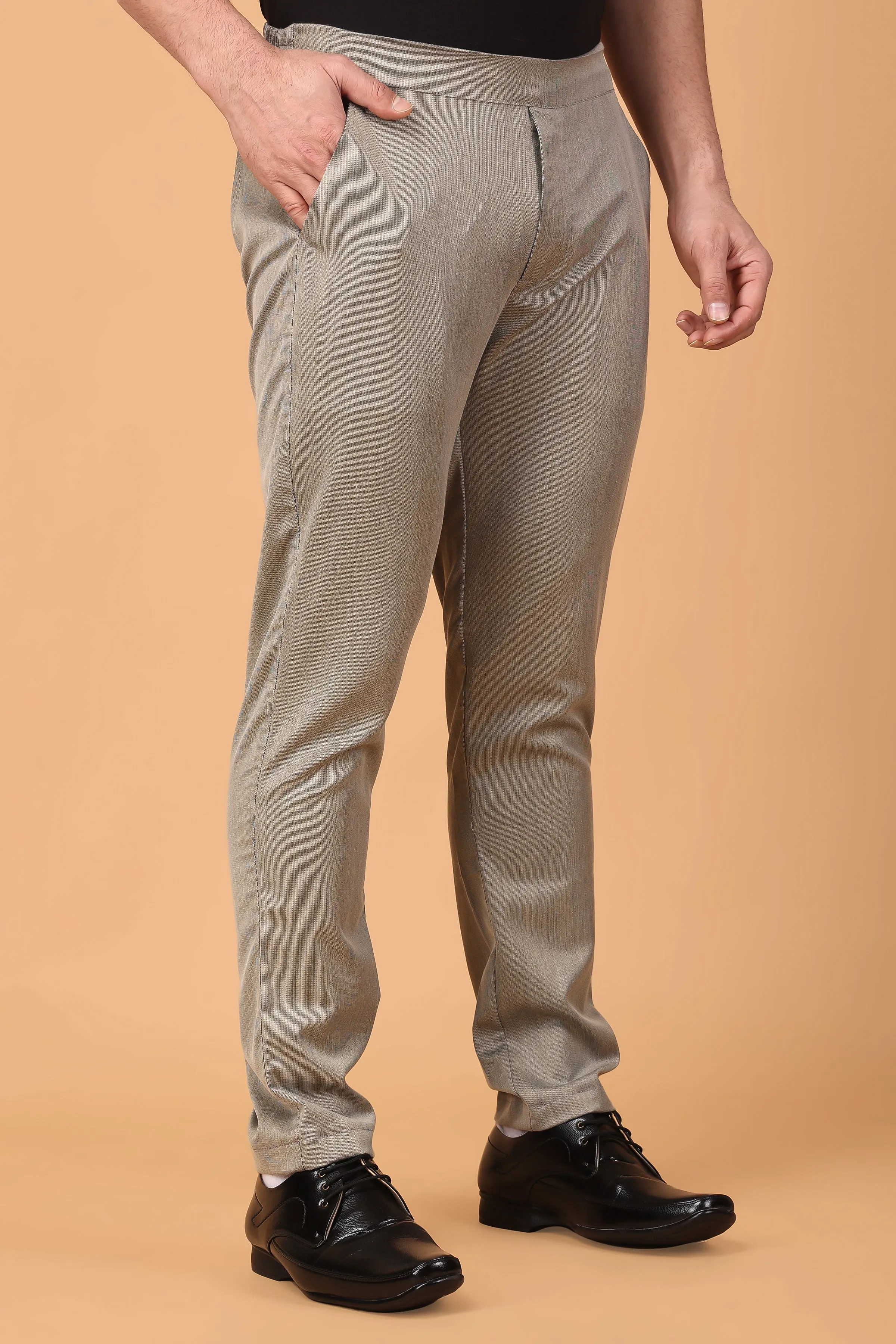 Beige Textured Comfort Fit Trousers