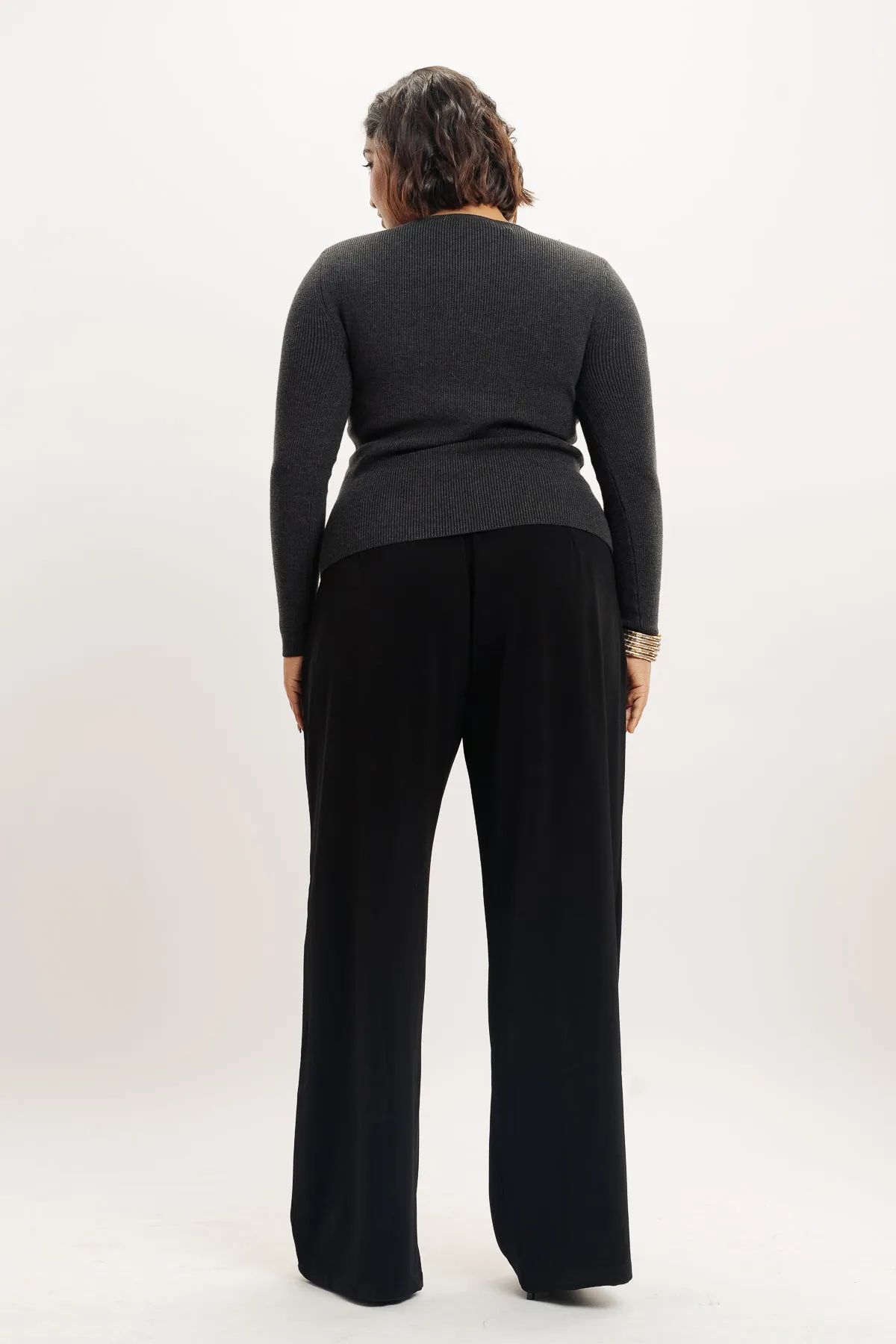 Black Pleated Straight Fit Curve Korean Pant