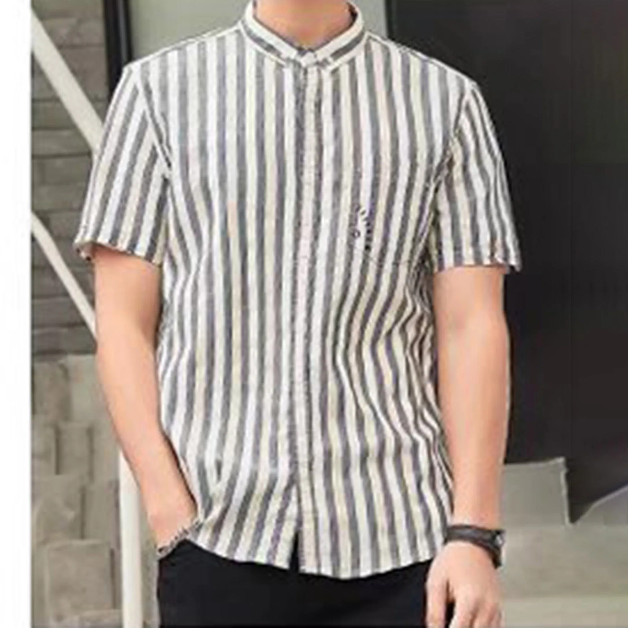 Blue Korean stripe short sleeve shirt for men