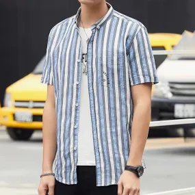 Blue Korean stripe short sleeve shirt for men