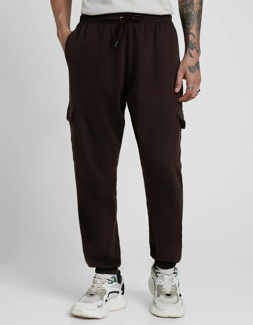 Brown Solid Baggy Fit Cargo Pants