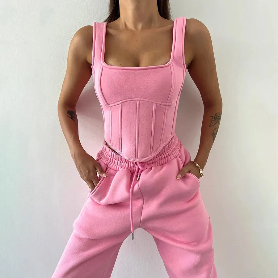 Classic Tanks  Long Sleeve Crop Top Bandage Pants Women's Set Jogger Street wear 3 Piece Pant Set