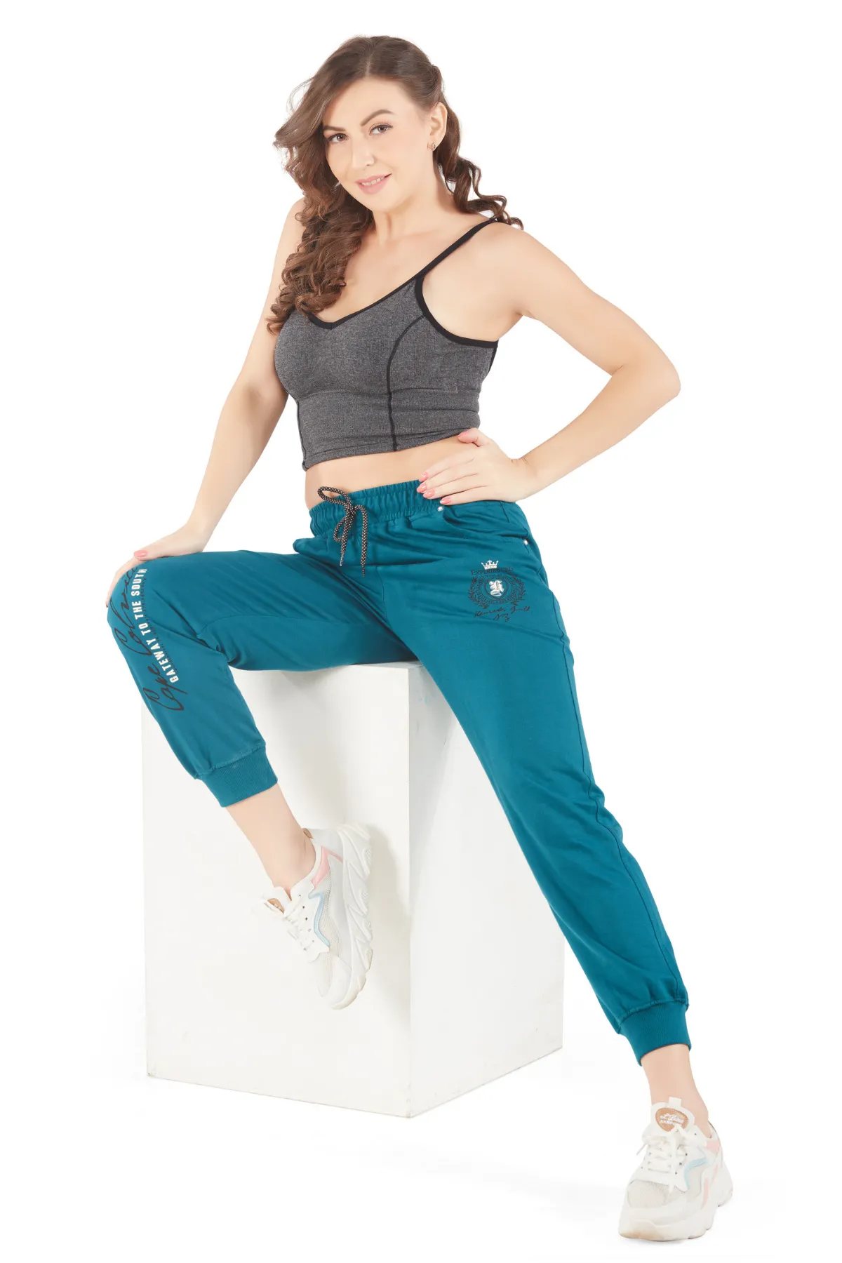 Cotton Regular Fit Joggers With Pockets - Teal Blue