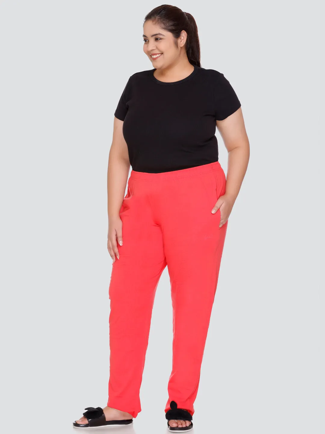 Cotton Track Pants For Women With One Side Zip Pocket - Coral Red