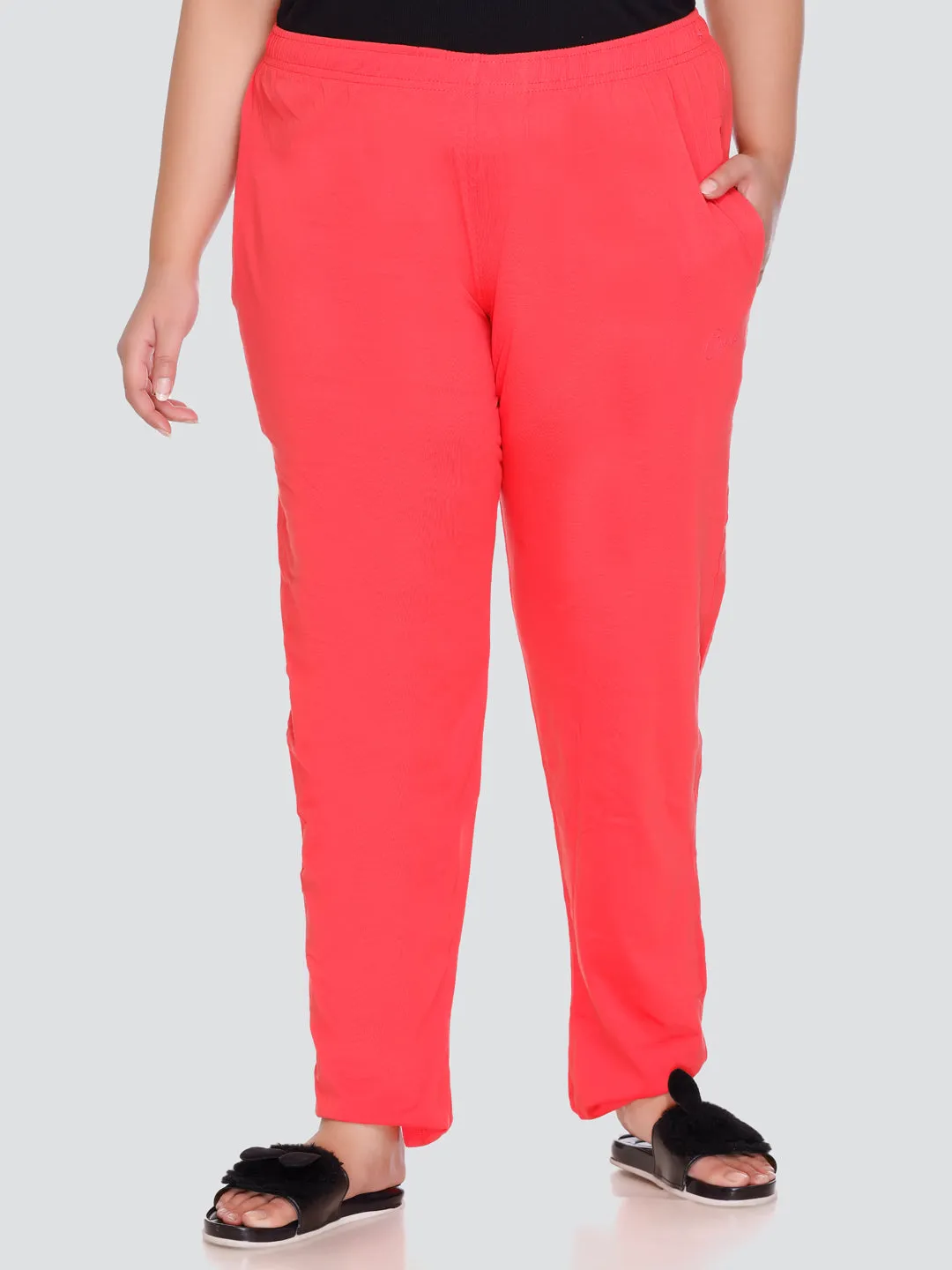 Cotton Track Pants For Women With One Side Zip Pocket - Coral Red