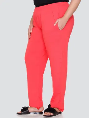 Cotton Track Pants For Women With One Side Zip Pocket - Coral Red