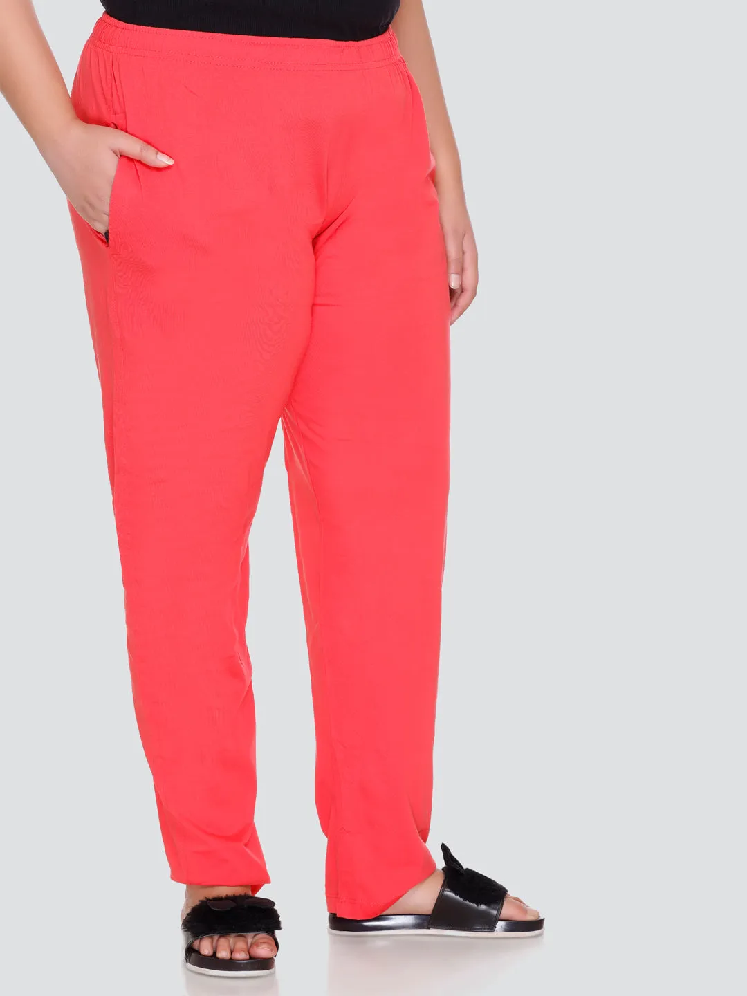 Cotton Track Pants For Women With One Side Zip Pocket - Coral Red