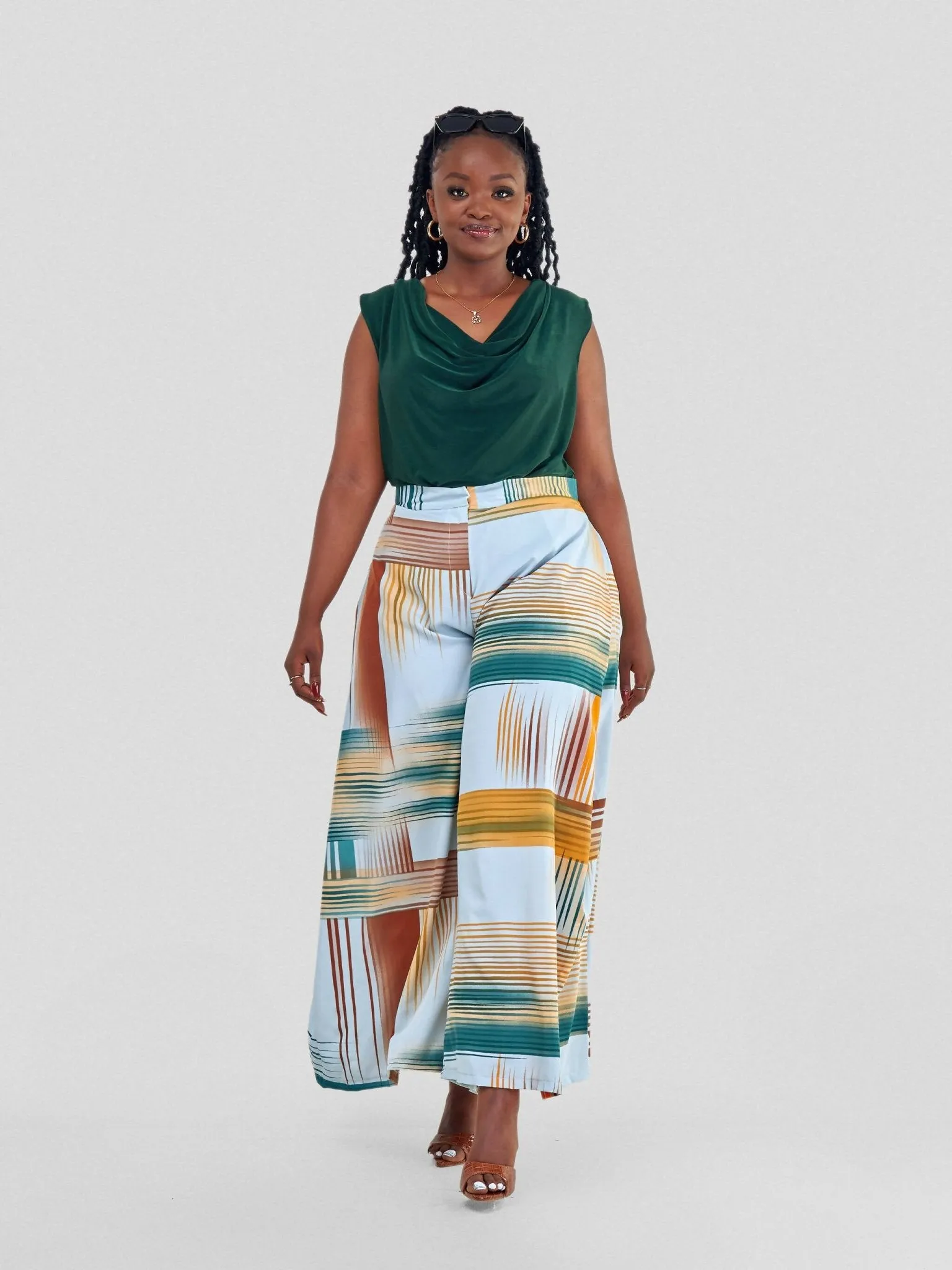 Curves BD Kipepeo Wide Leg Pants - Green / Brown Print