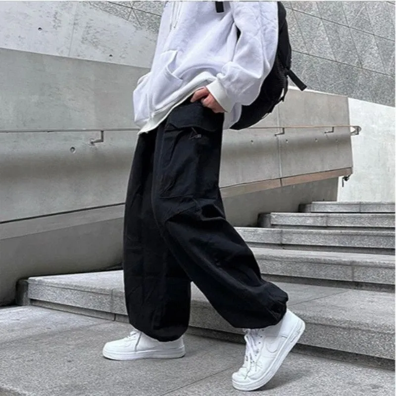 Foesce -Men's Drawstring Overalls Wide Leg Pants Loose Hip Hop Cargo Casual Pants Military Style Trousers Joggers Sweatpants