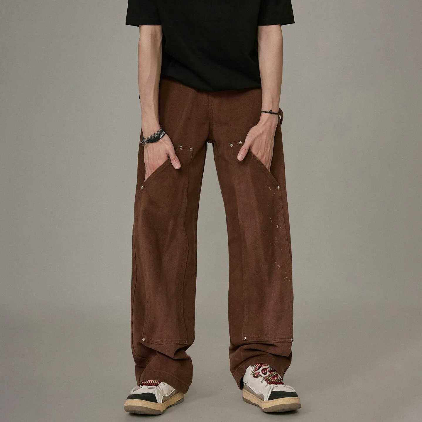 Foesce -New Fashion Ankle Zipper Brown Baggy Men Cargo Wide Pants Hip Hop Straight Loose Men Casual Long Trousers