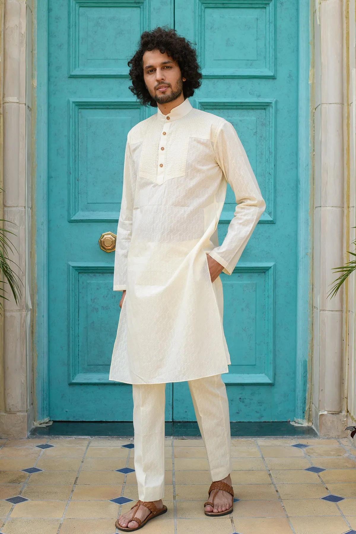 GASHI -  Pin Tucks Cream Kurta Trouser Set