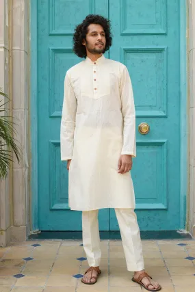 GASHI -  Pin Tucks Cream Kurta Trouser Set