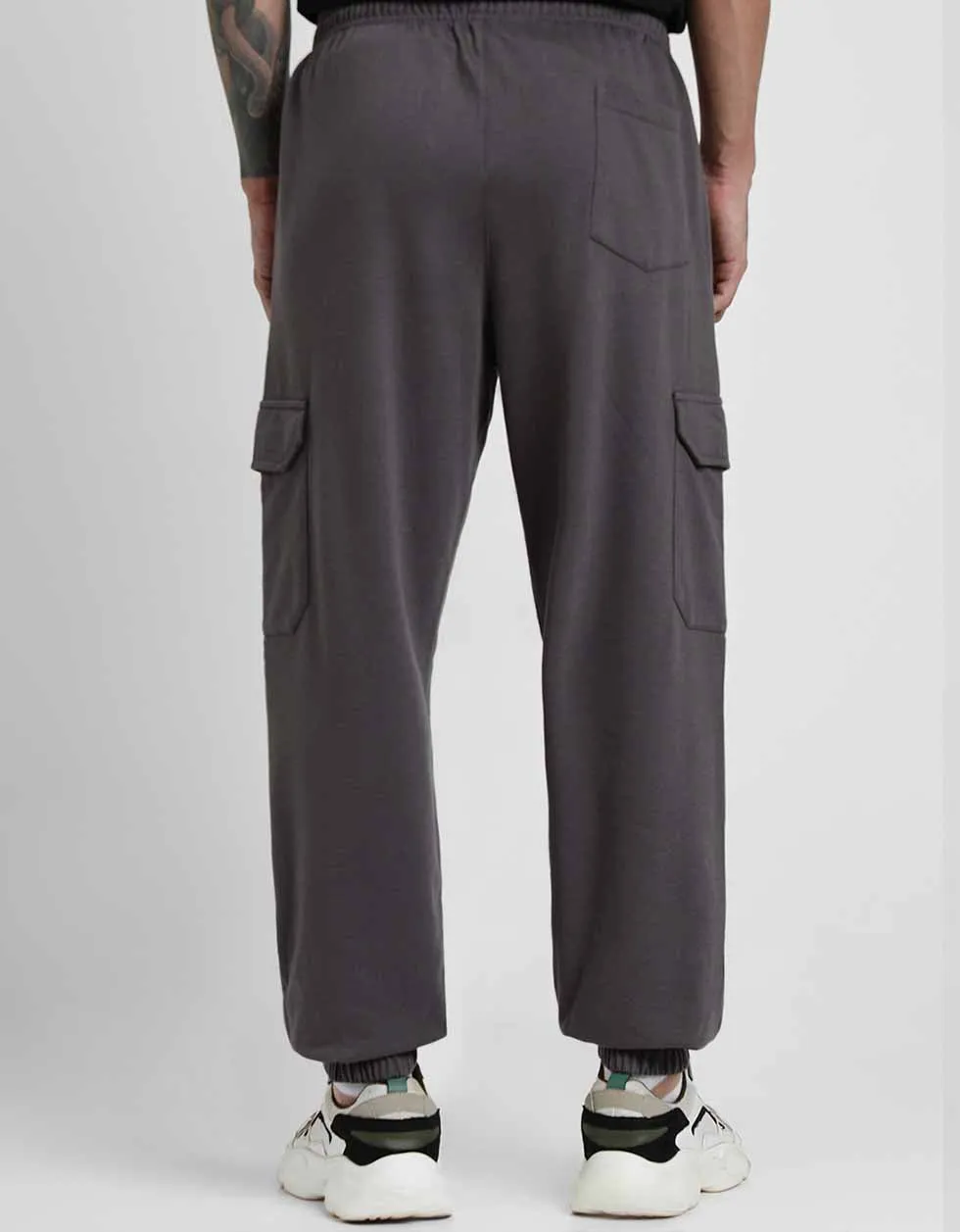 Grey Solid Baggy Fit Cargo Pants