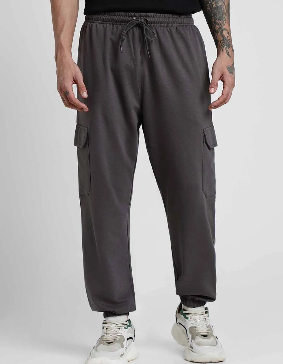 Grey Solid Baggy Fit Cargo Pants