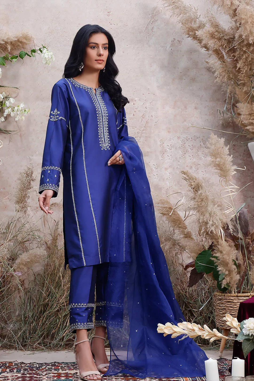 Handwork Embroidered Lychee Silk 3pc Suit | KAIRA | S202165