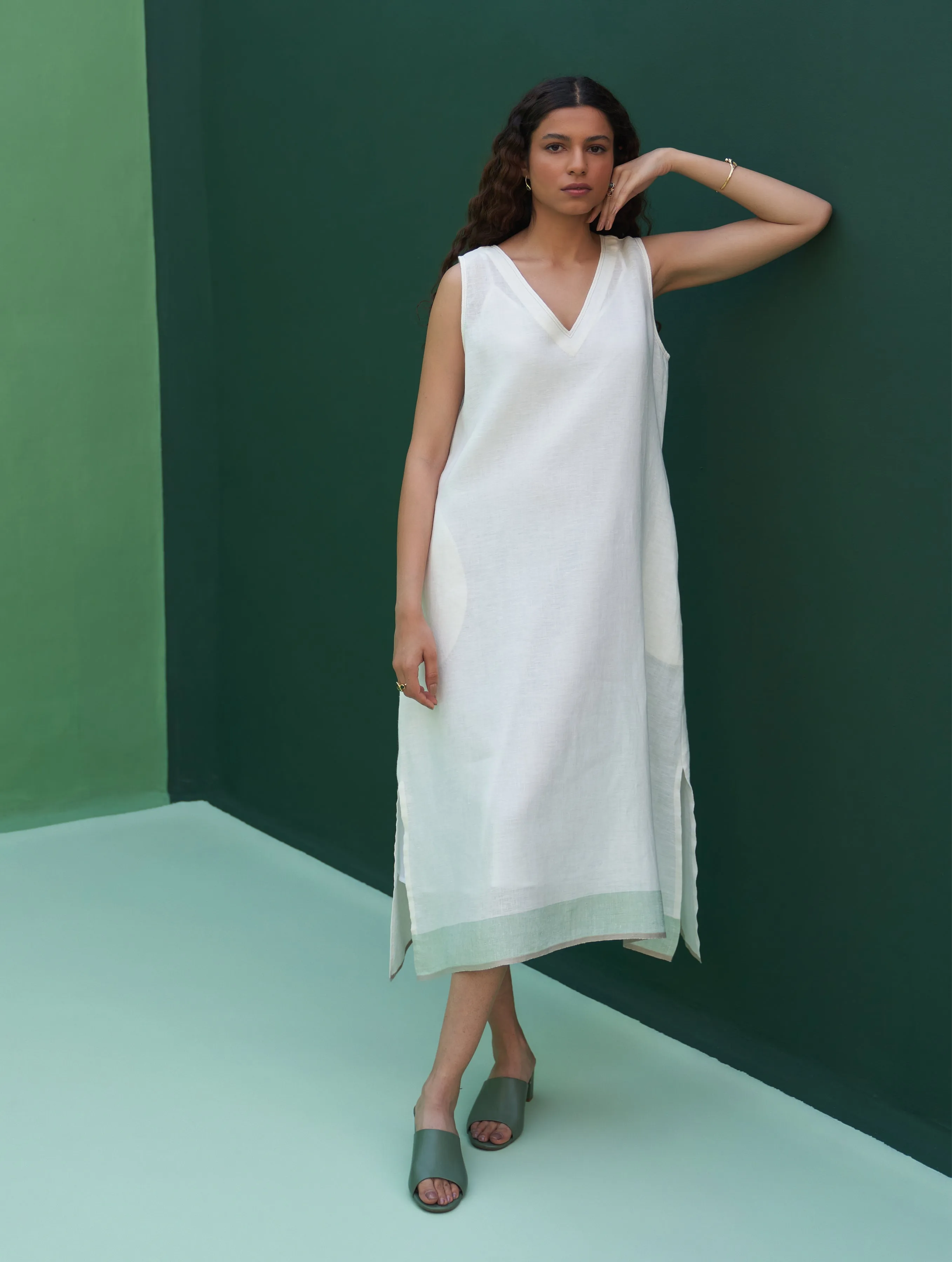 Jin Border Linen Dress - Ivory