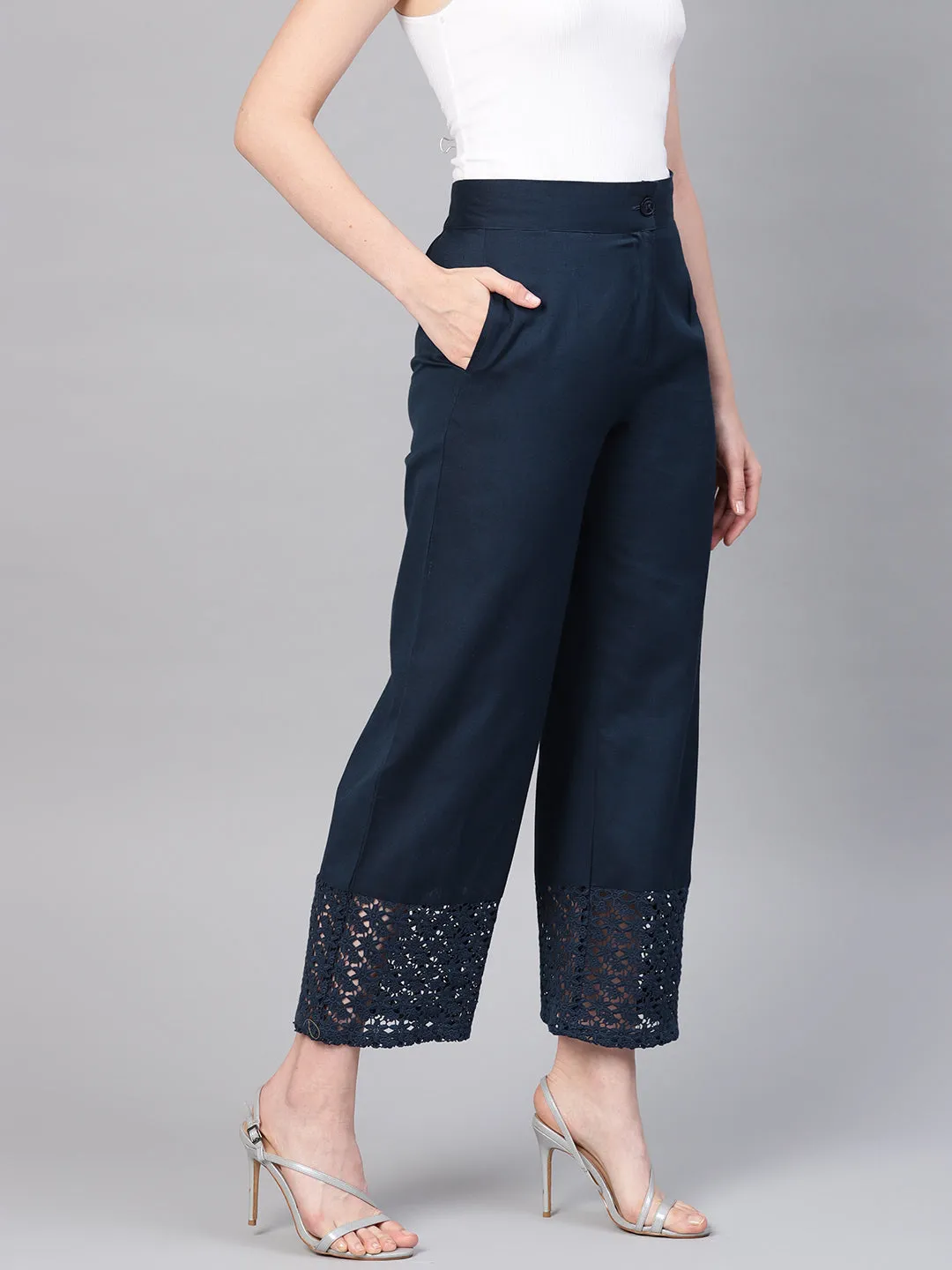 Juniper Navy Blue Cotton Flex Solid Wide Leg Women Palazzo With One Pocket