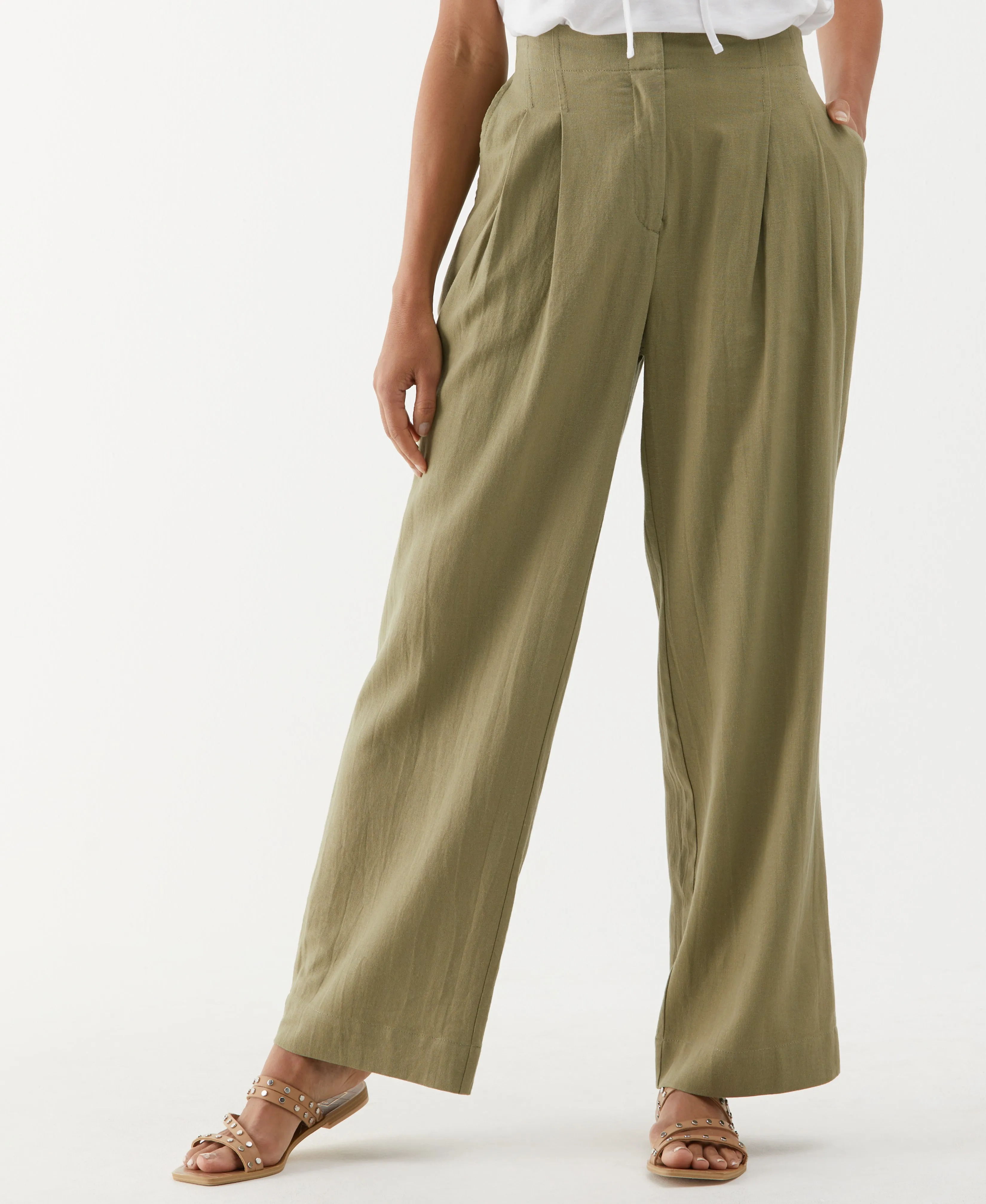 Linen Blend Pleated Wide Leg Pant