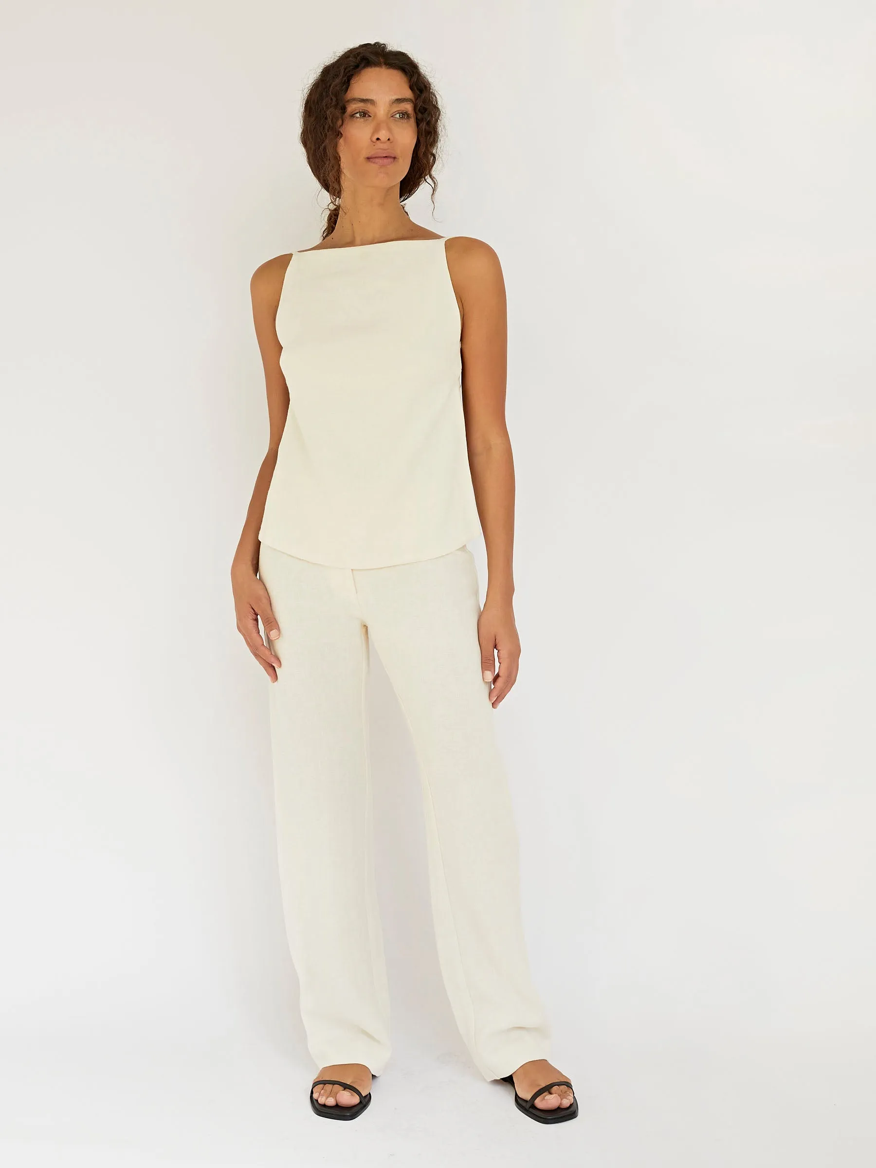 Linen Mid Rise Straight Pants