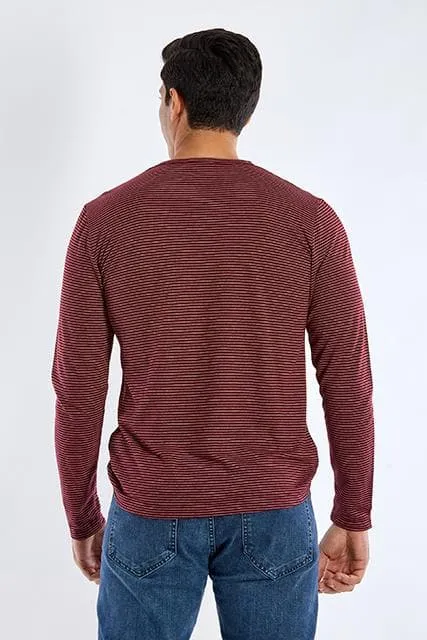 Long Sleeve Round Neck Striped T-Shirt - WINE