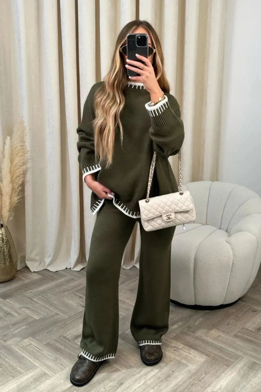 Loose Stripes Women Pants Sweater Set