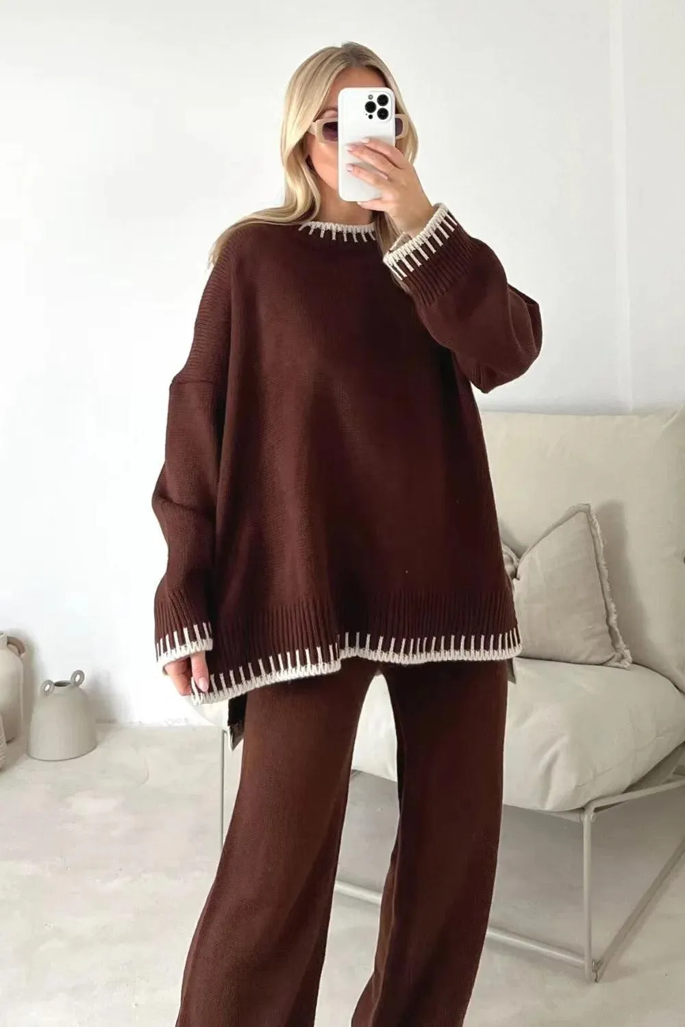 Loose Stripes Women Pants Sweater Set