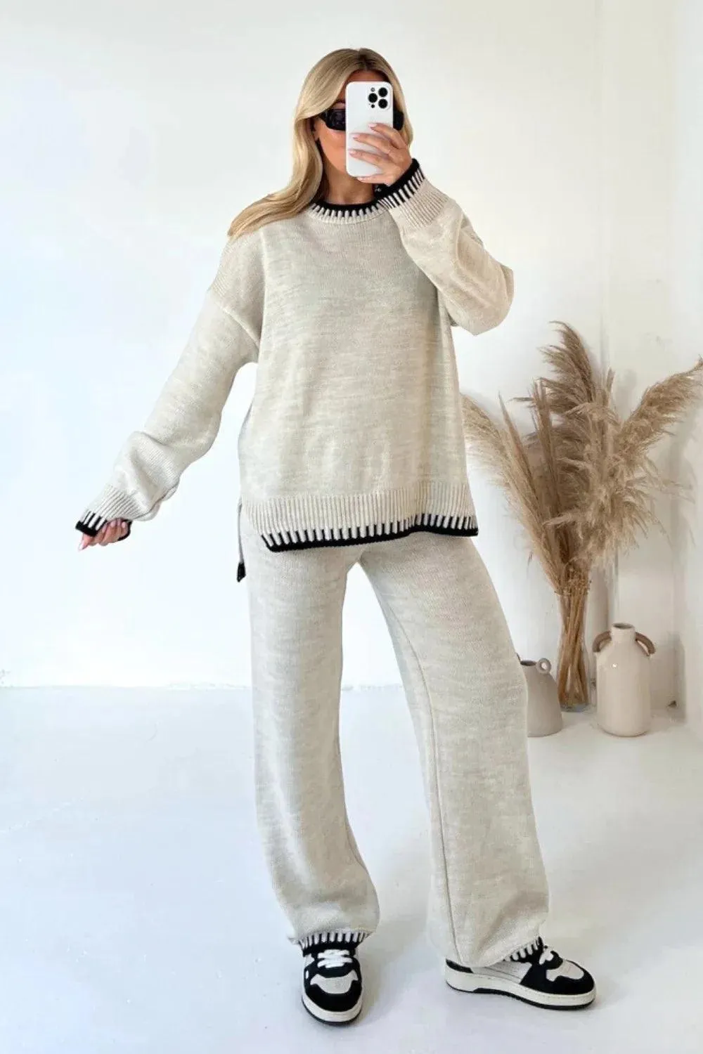 Loose Stripes Women Pants Sweater Set