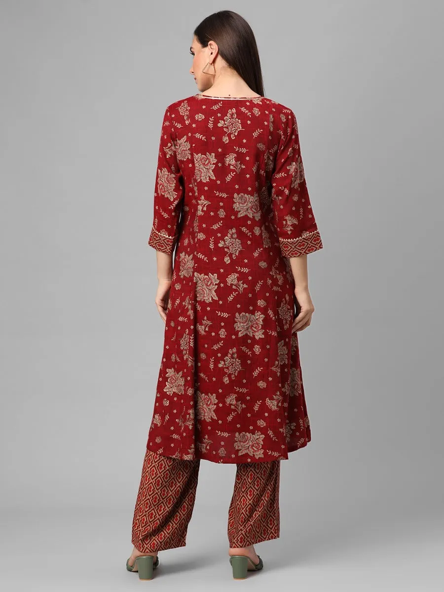 Maroon Floral Printed Kurta With Comfort Pant