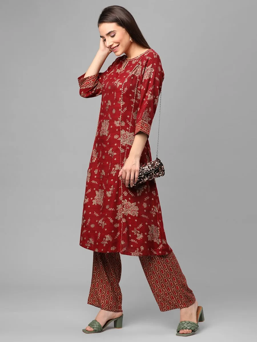 Maroon Floral Printed Kurta With Comfort Pant