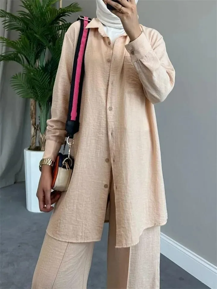 Muslim Solid Color Long Sleeve Shirt Jacket Loose Pants Casual M B-97381