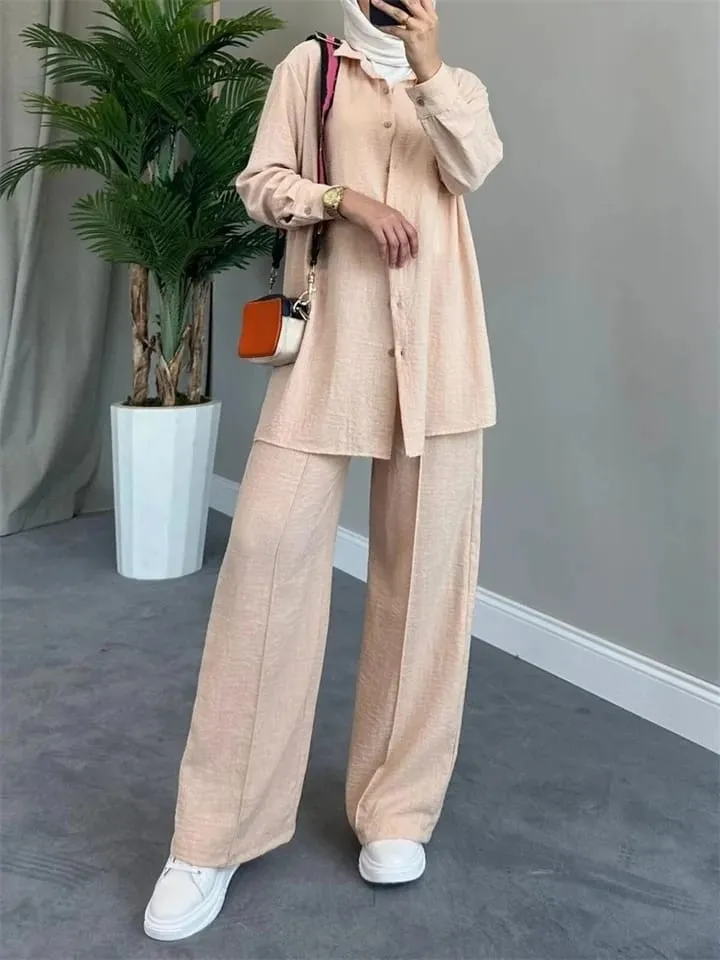 Muslim Solid Color Long Sleeve Shirt Jacket Loose Pants Casual M B-97381