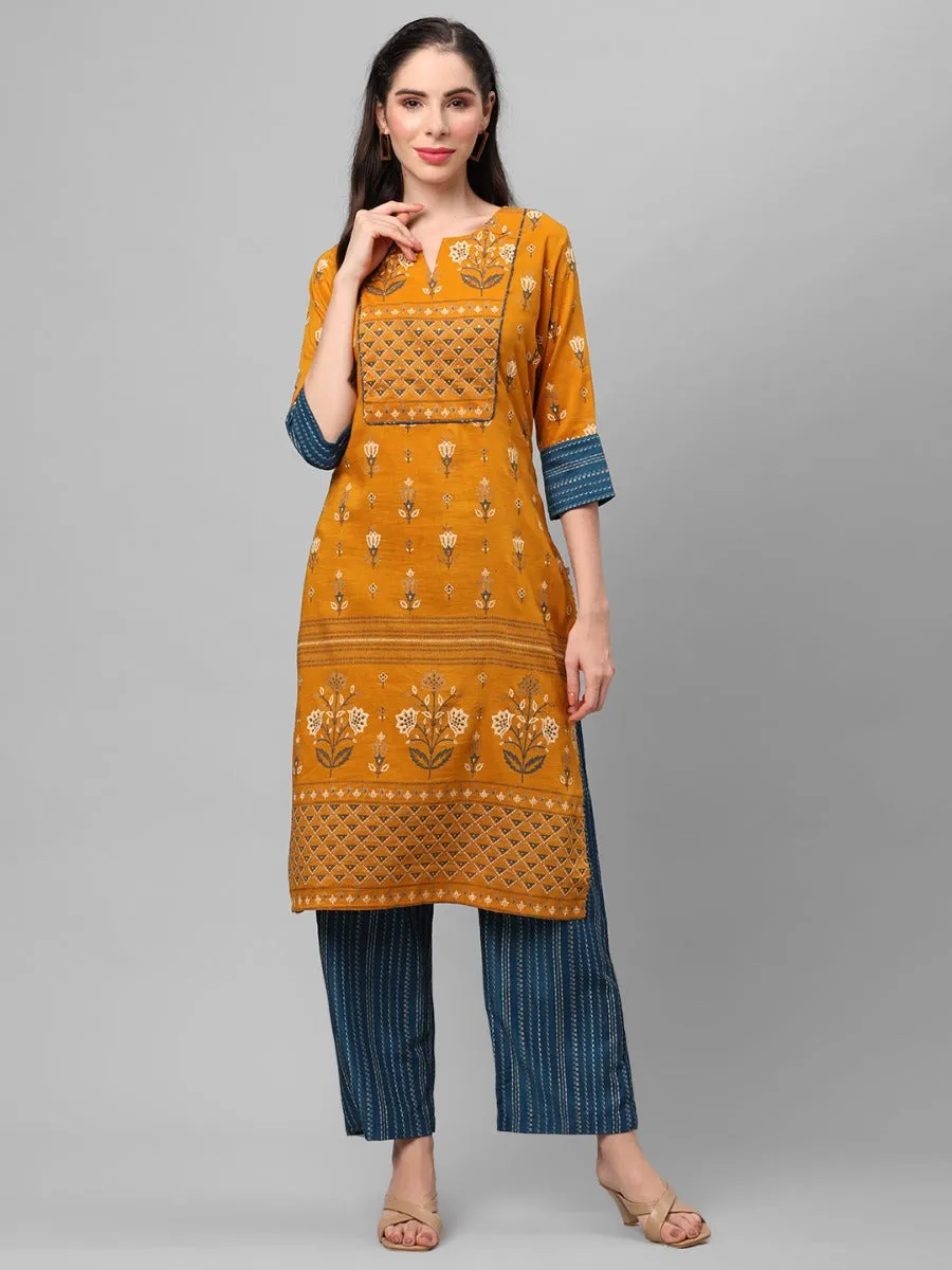 Mustard Ornamental Printed Kurta With Comfort Pant