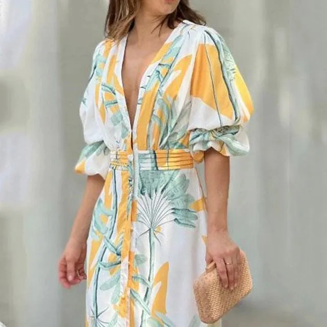 New Women's Clothing Printed Waist Puff Sleeve Long Dress Elegant V-neck Dress B-53482