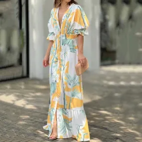 New Women's Clothing Printed Waist Puff Sleeve Long Dress Elegant V-neck Dress B-53482