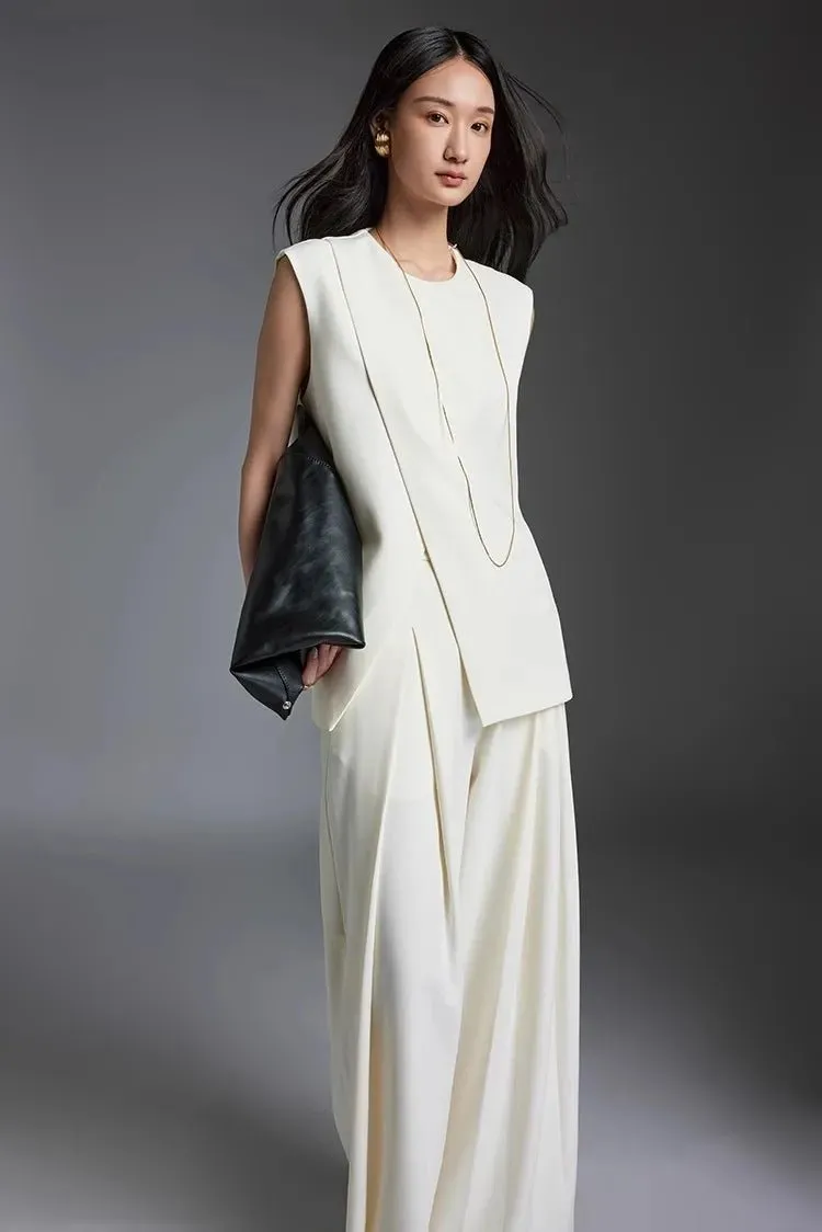 Off-white Suit Vest Wide Leg Pants Set for Women's Summer | Elegant Two-Piece Set