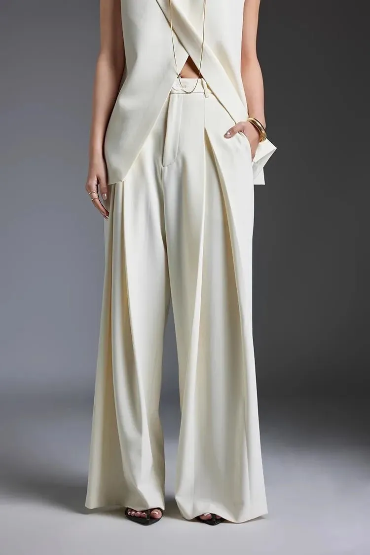 Off-white Suit Vest Wide Leg Pants Set for Women's Summer | Elegant Two-Piece Set