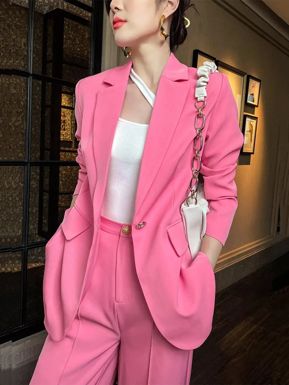 Pink One Button Blazer & Flare Leg Pantsuit