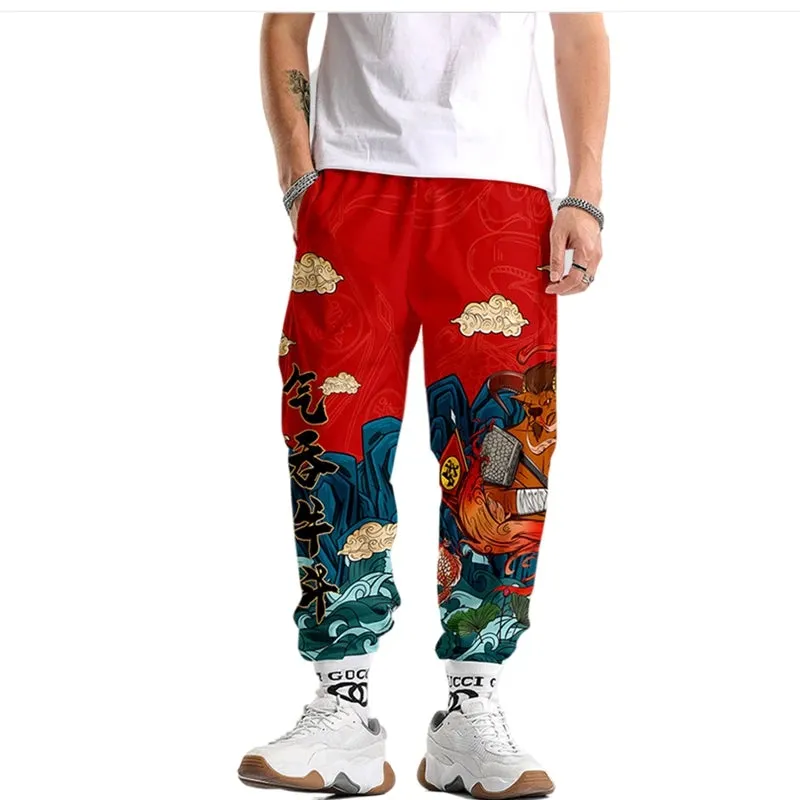 Red Japanese Style Anime Sweatpants Men Multi Pocket Long Cargo Pant Harajuku Hip Hop Jogger Trousers Streetwear Fashion Pants