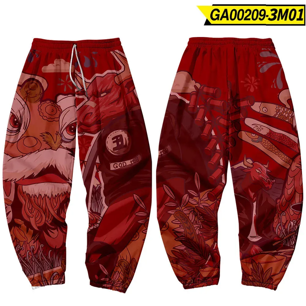 Red Japanese Style Anime Sweatpants Men Multi Pocket Long Cargo Pant Harajuku Hip Hop Jogger Trousers Streetwear Fashion Pants