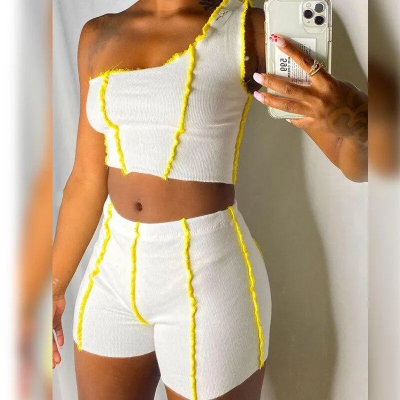 s One Shoulder Patchwork Women's Bodycon Two Piece Outfits Summer