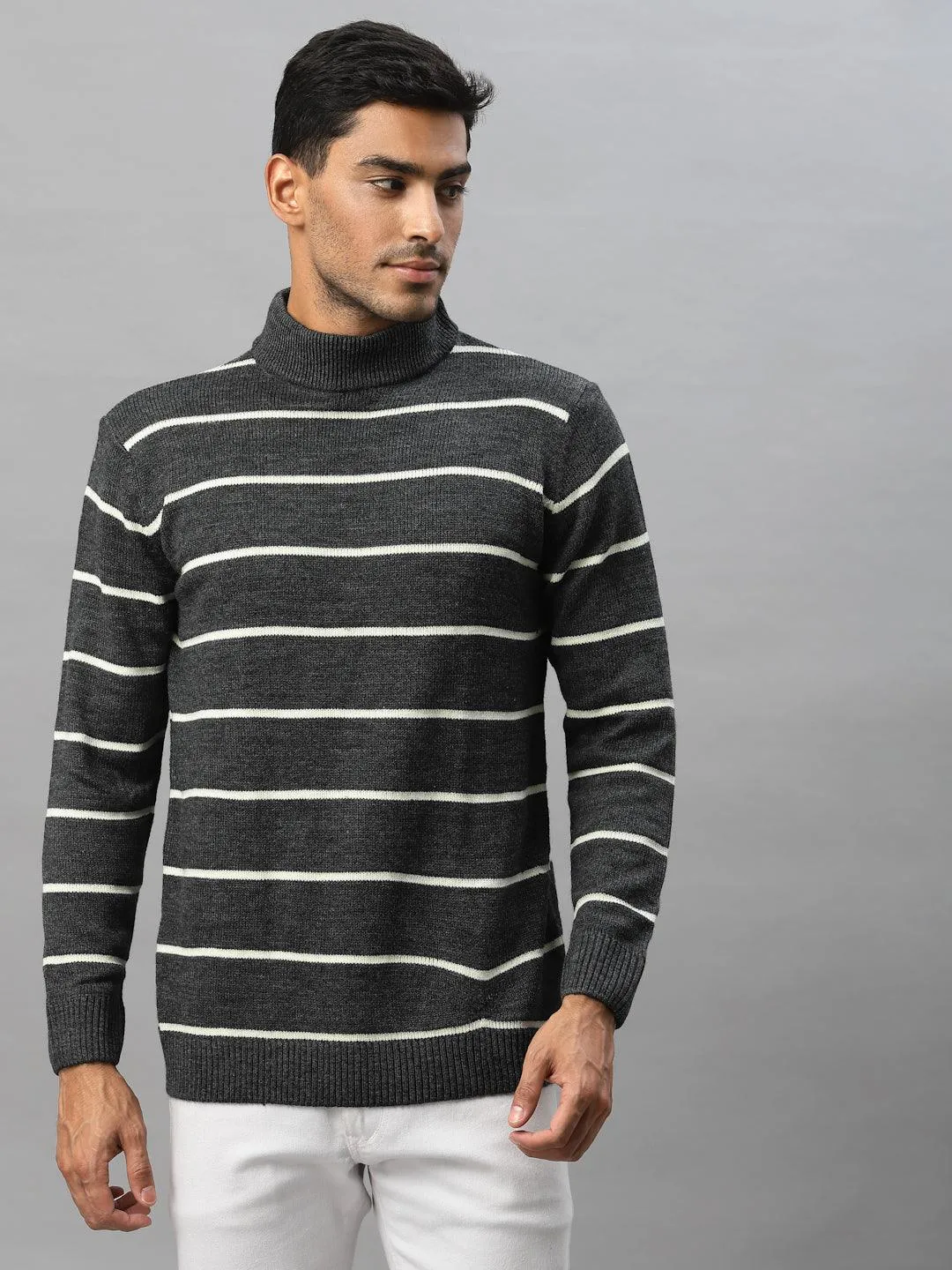 Style Quotient Men Grey & White Striped Pullover