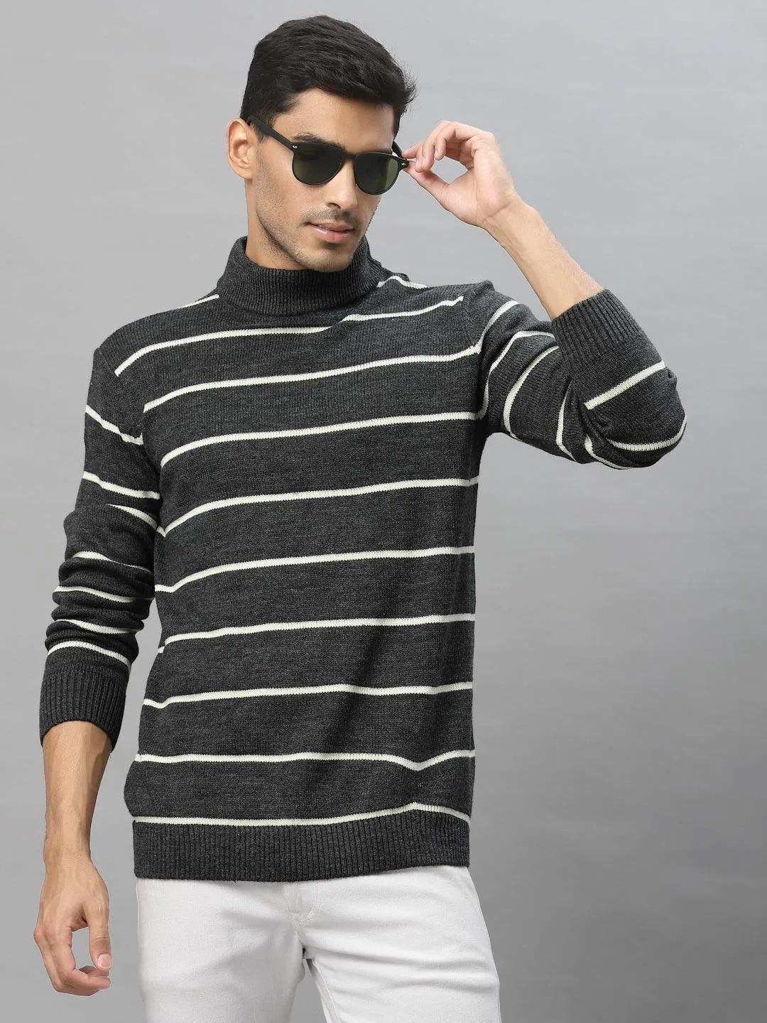 Style Quotient Men Grey & White Striped Pullover