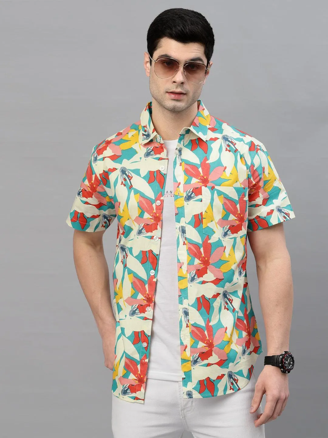 Style Quotient Men Teal Comfort Floral Printed Casual Shirt