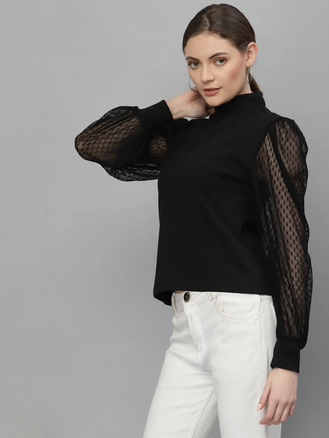 Style Quotient Women Black Self Deign Pure Cotton Top