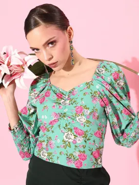 Style Quotient Women Green & Pink Floral Print Sweetheart Neck Crop Top