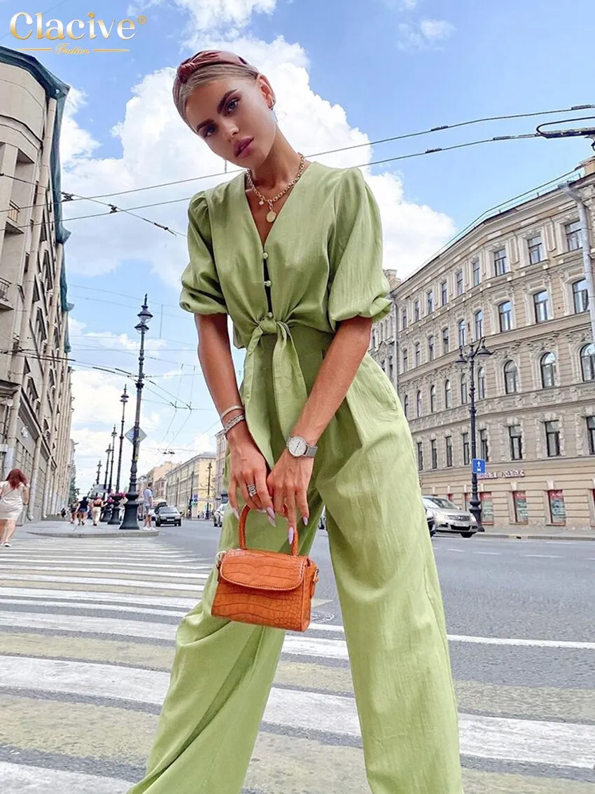 Summer Puff Sleeve Shirts Set Woman 2 Piece Casual High Waist Wide Trouser Suits Female Vintage Loose Green Pants Set